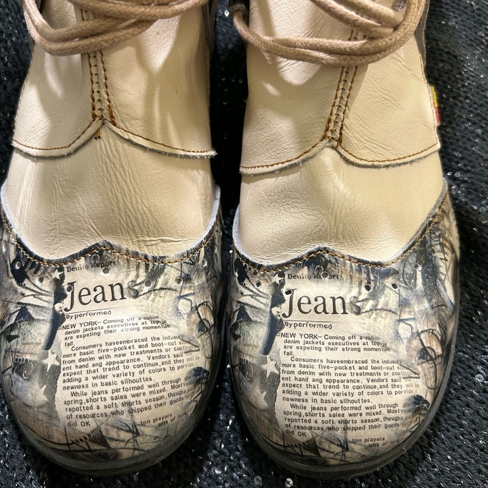 TMA Eyes Beige Newspaper-Print Leather Ankle Boots - Picture 5 of 14